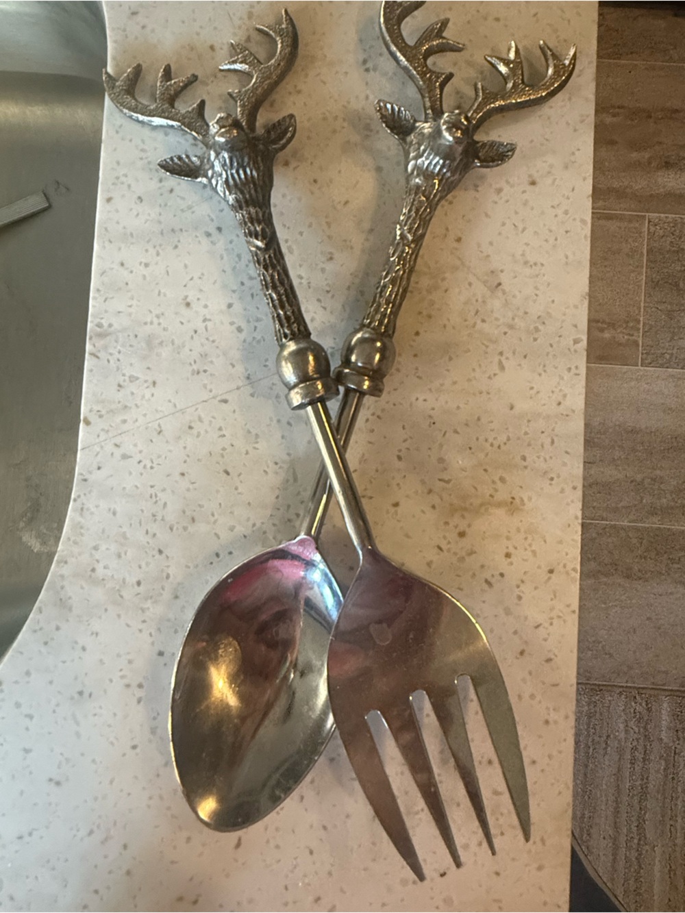 Stag-Handle Silver Salad Serving Set - Elegant Deer Head Design